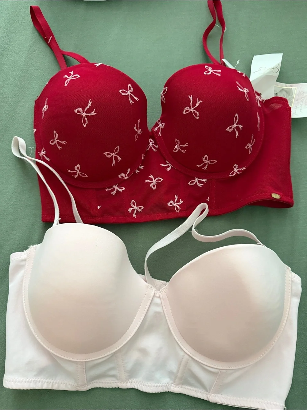 Red Bow-Print Longline Bra and Light Pink Strapless Longline Bra - Set of 2